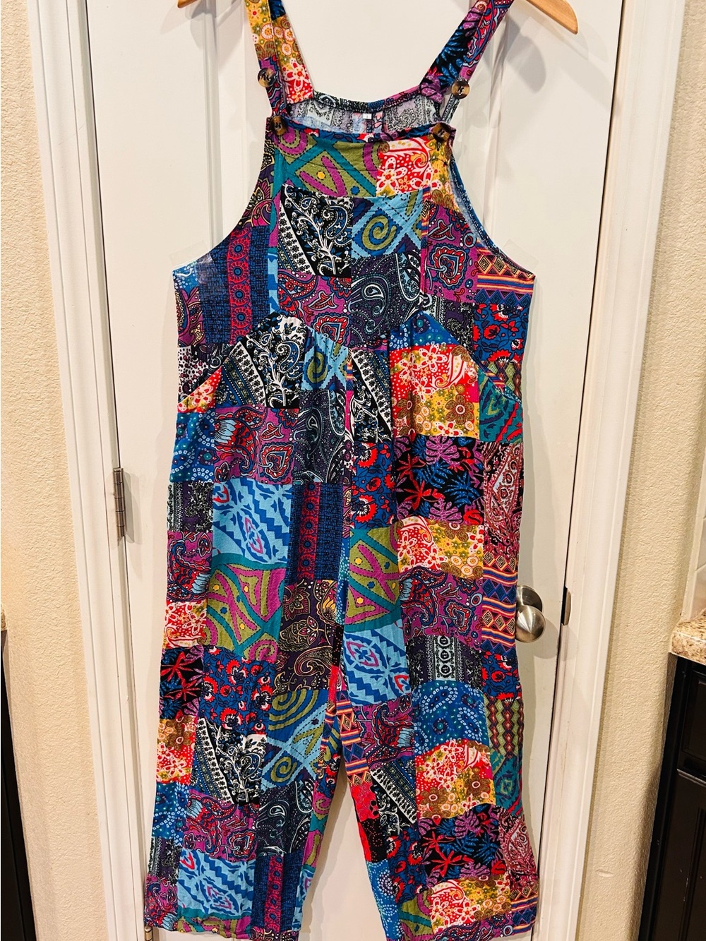 Multicolor Patchwork Print Women's Overalls Cotton with Pockets Size Large - Picture 2 of 10